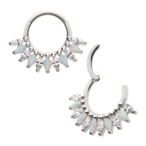 Titanium Prong Set Marquise Gem & Opal Cluster Fan Front Facing Hinged Segment Clicker
